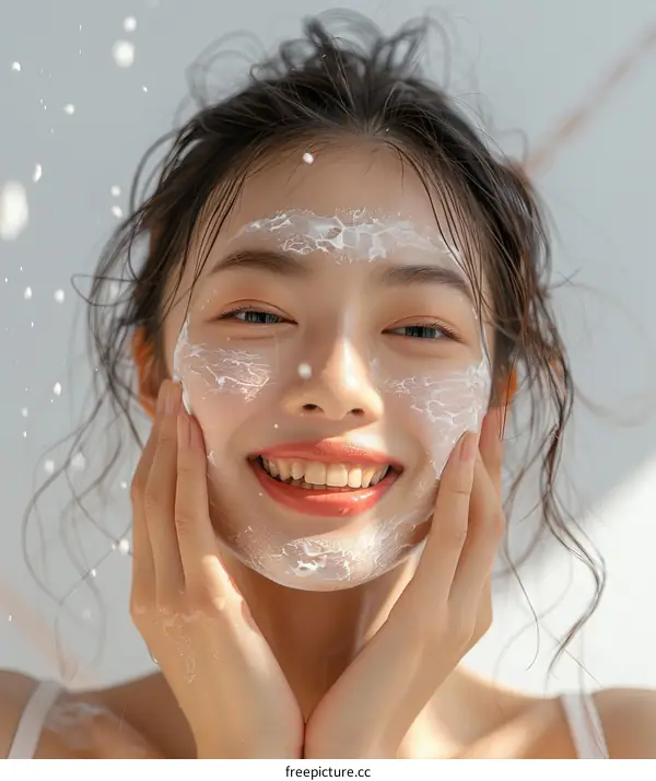 Asian Woman Cleansing Face with Foam