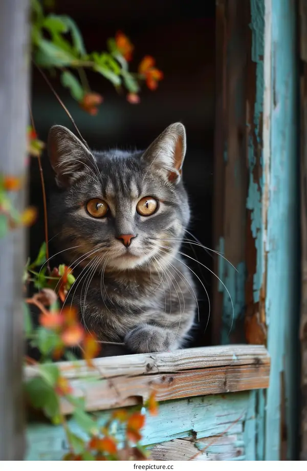 A gray cat is sitting on the windowsill and looking out the window
