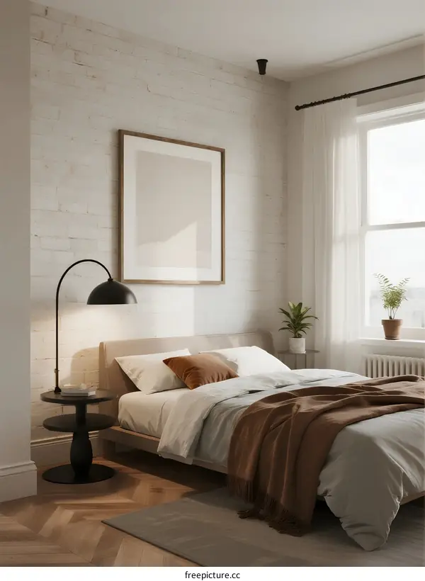 Minimalist bedroom with white brick wall and comfortable bed setup
