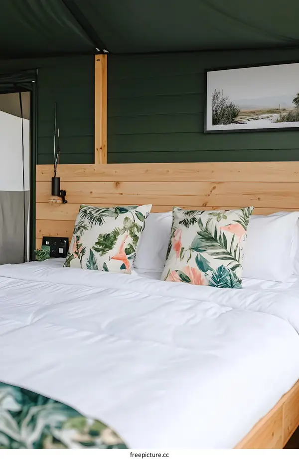 Green and White Bed with Tropical Pillow