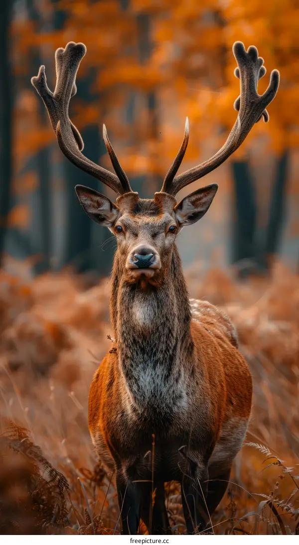 A majestic red deer stag stands in the middle of a forest