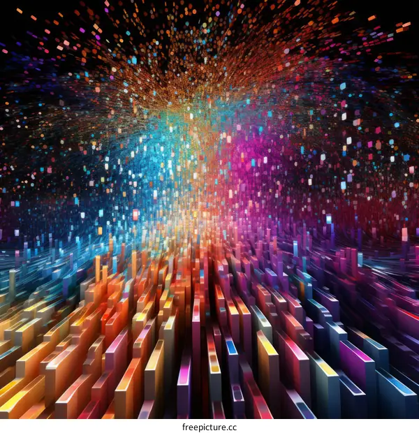 Colorful 3D rendering of a city made of blocks with a particle explosion in the background