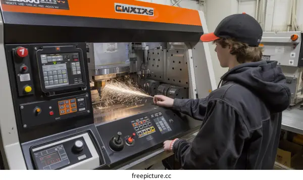 A young man works on a CNC machine.
