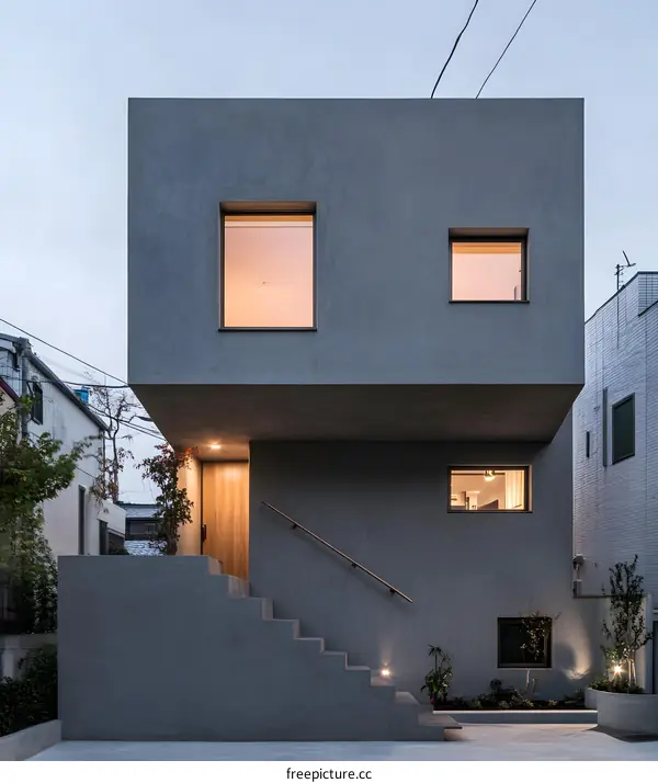 Modern Minimalist House Exterior with Concrete Walls and Large Windows