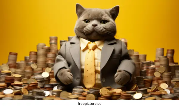 Rich cat sitting on a pile of coins