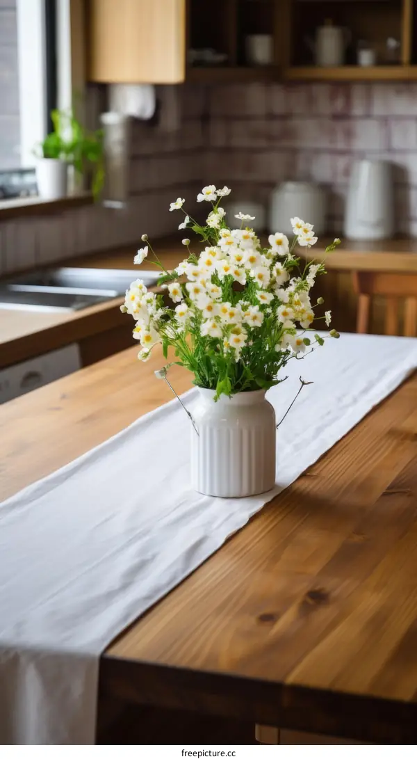 A beautiful bouquet of chamomile flowers in a rustic setting