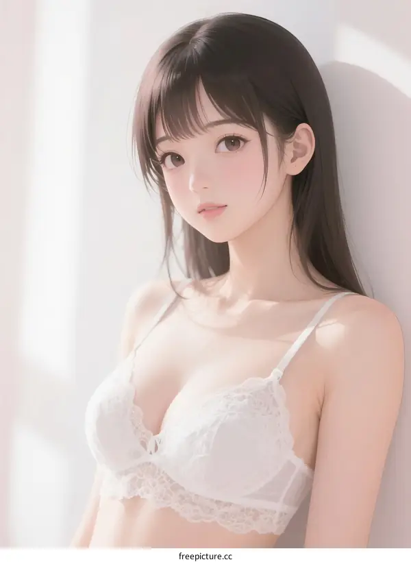 Young woman wearing white lace bra with long dark hair