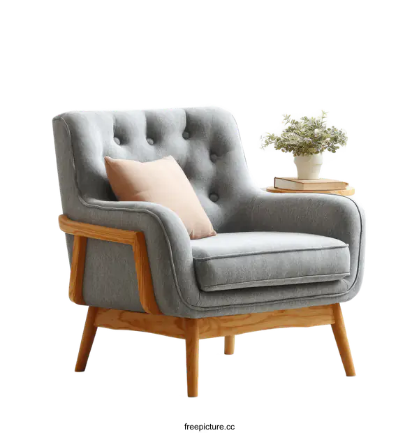 [Transparent Background PNG]Modern Gray Upholstered Armchair with Wooden Legs