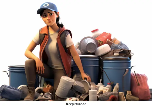 A woman in a blue hat and orange vest kneels next to a pile of trash.