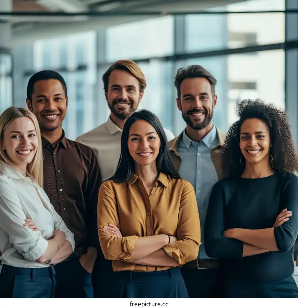 Group of smiling business professionals posing in an office