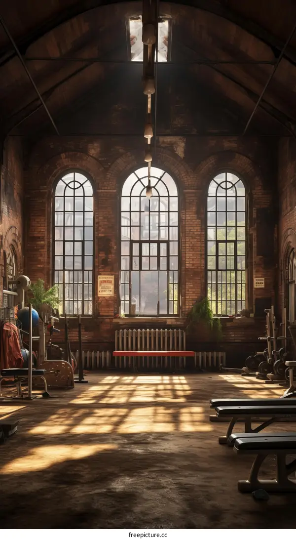 Vintage industrial style empty fitness center with brick walls and large windows