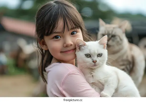 Little girl hugging a white cat