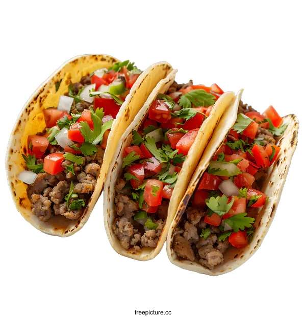 [Transparent Background PNG]Three delicious tacos with ground beef, tomatoes, onions and cilantro