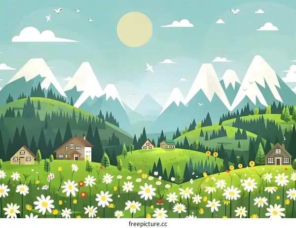 Beautiful Mountain Landscape With Green Grass And Flowers