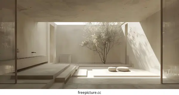 Minimalist Courtyard Design with a Small Tree and Stone Cushions