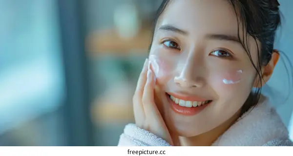 Asian woman applying face cream