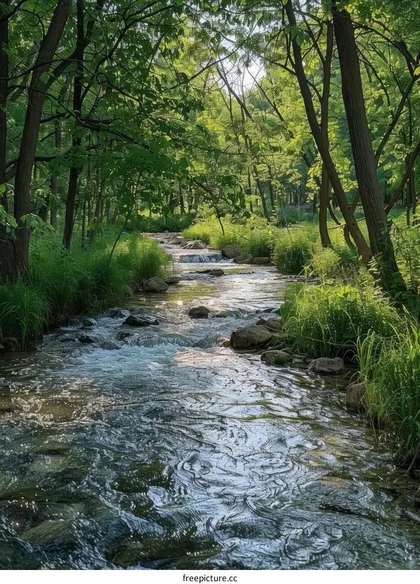 Small river flowing through a lush green forest