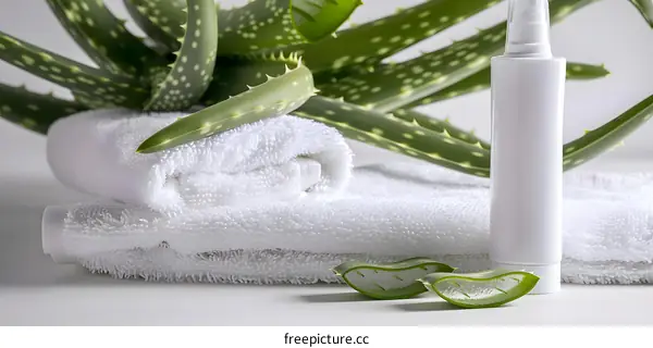 Aloe Vera Plant with White Towels and Bottle