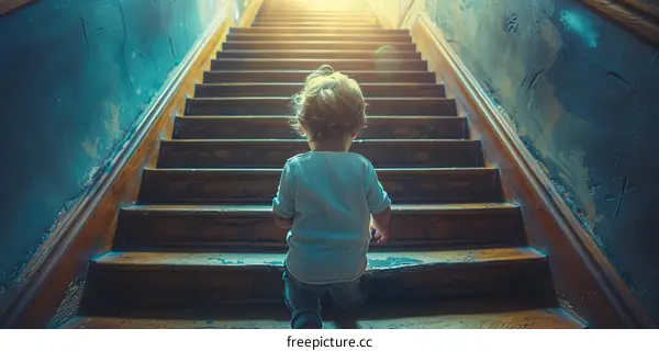 Little boy climbing up wooden stairs to the light