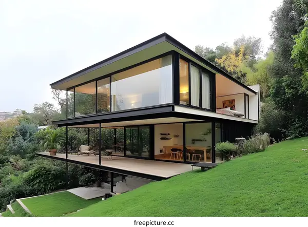 Modern House with Large Windows and Deck