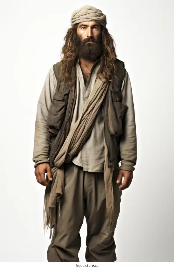 Portrait of a Middle Eastern man with long hair and beard wearing a traditional headdress and clothing