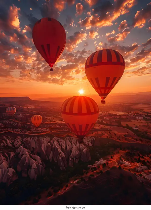 Hot Air Balloons over a Valley at Sunset
