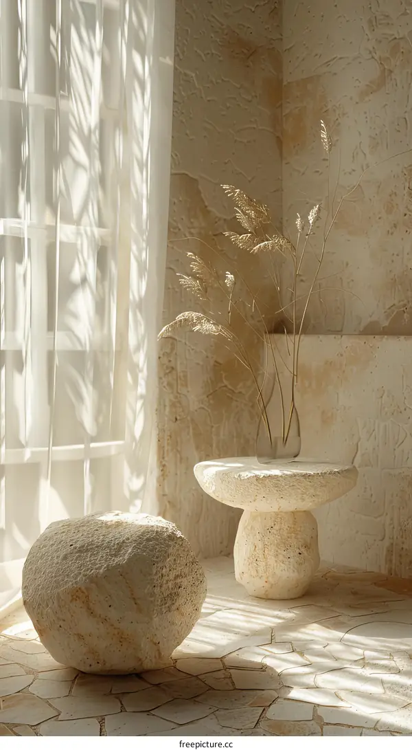A Still Life with a Plant in a Vase on a Stone Table