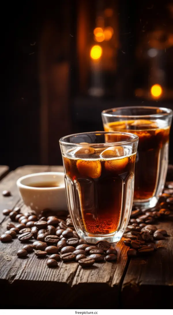 Iced Coffee in Tall Glasses with Coffee Beans