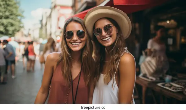 Two young women smiling and walking down a crowded street