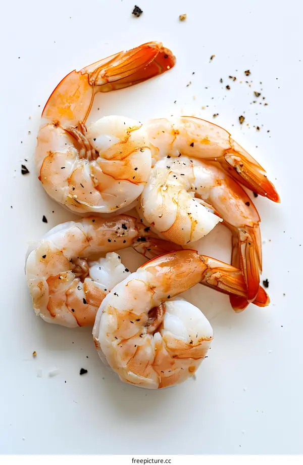 Food photography of four cooked tiger prawns on a white background