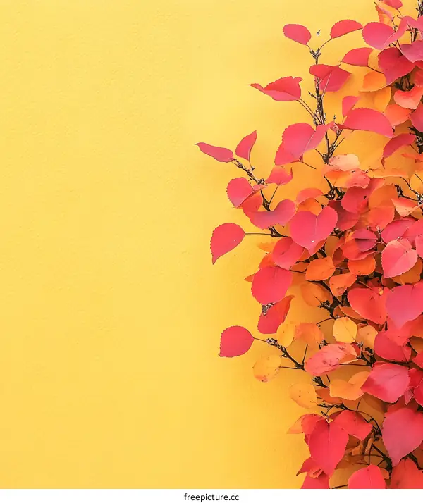 Yellow Wall With Red and Orange Autumn Leaves