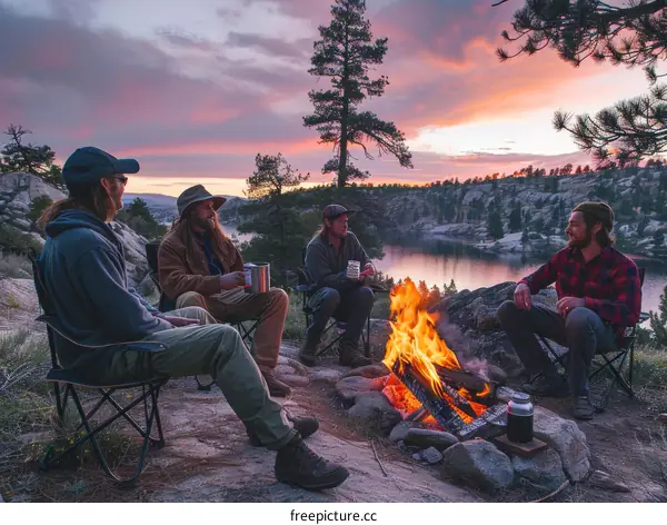 Four men camping near a lake at sunset