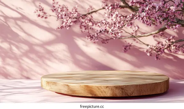 Elegant Wooden Display Platform with Pink Cherry Blossoms