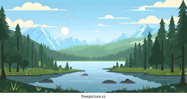 Green Mountain Landscape with Lake and Sky