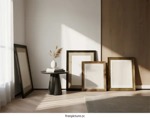 Minimalist interior space with empty frames and natural light