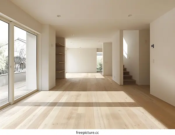 Modern Minimalist Interior Design Empty Room with Wooden Floor and Large Windows
