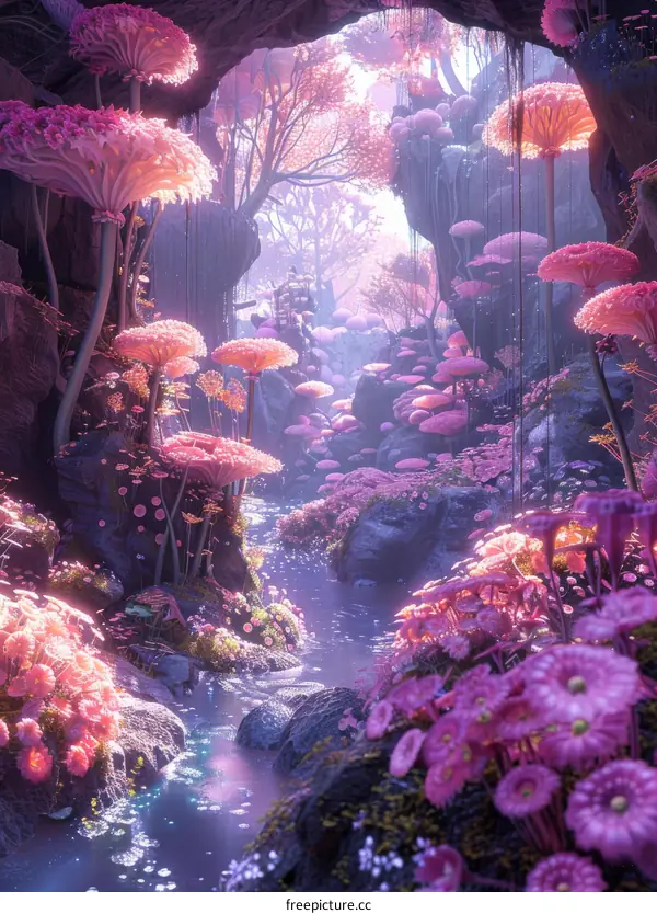 Enchanted Forest: Pink Flowers, Mushrooms, and a Serene Stream