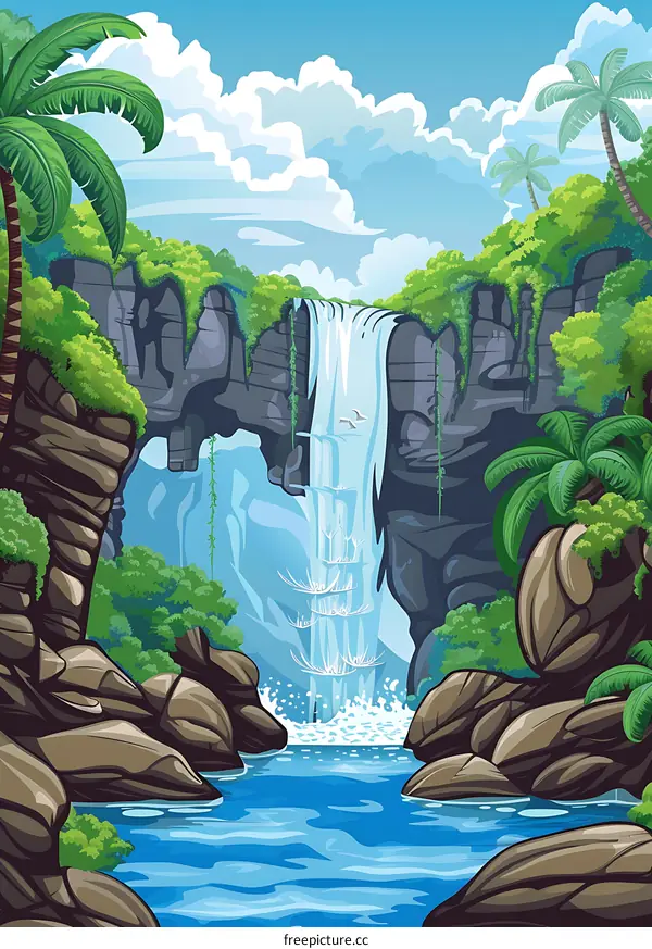 Tropical Waterfall Landscape Illustration