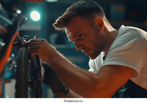 Mechanic Repairing a Bicycle in a Workshop