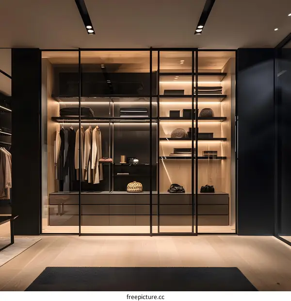 Modern Walk In Closet With Glass Doors And Wooden Shelves