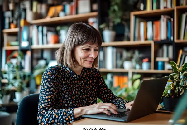 Woman Working on Laptop in Home Office with Bookcase in the Background