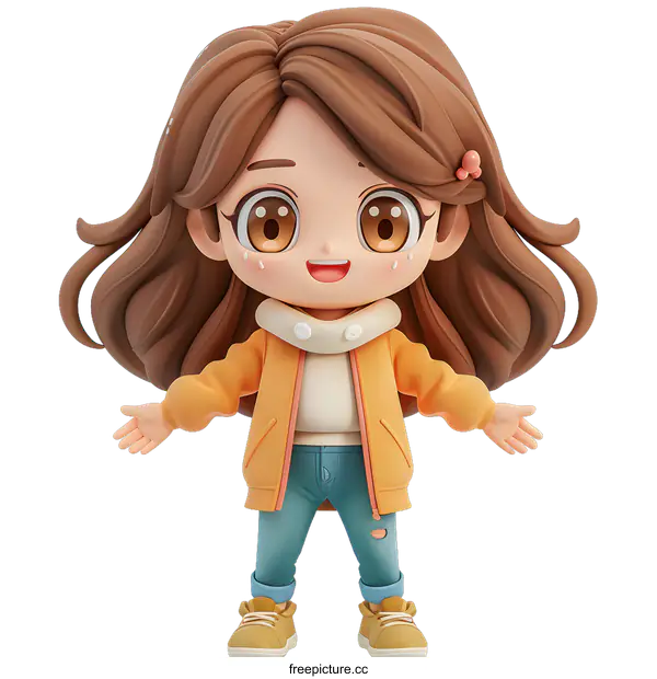 [Transparent Background PNG]Cute Cartoon Girl Wearing Orange Jacket and Blue Jeans