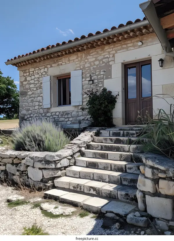 Stone Cottage with White Shutters and Stone Steps
