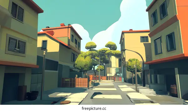 Cartoon Illustration Of An Alleyway With Buildings And Trees