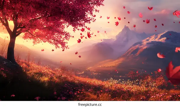 Beautiful Autumn Landscape with Mountain Range and Falling Leaves