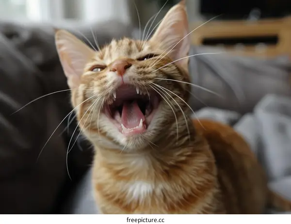 ginger cat opening mouth and showing teeth