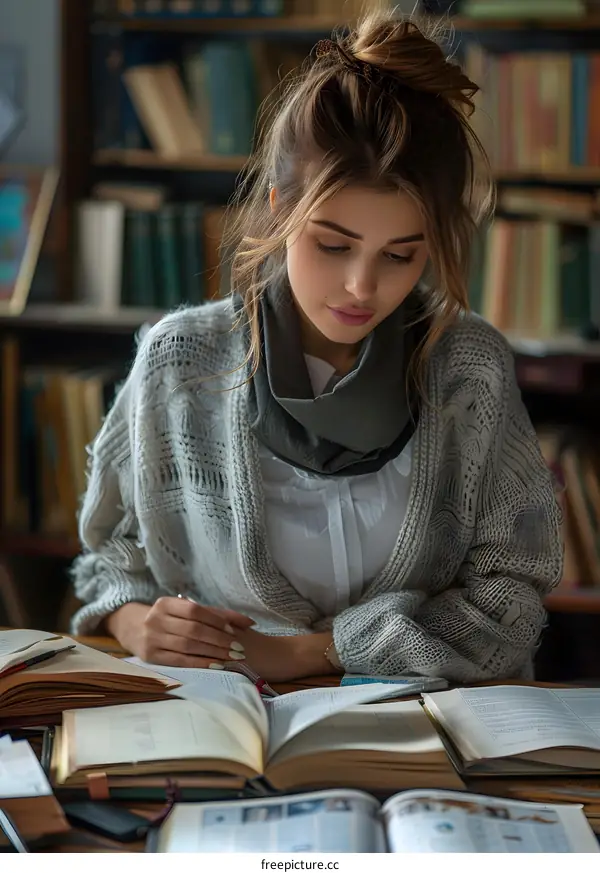 Young woman reading a book in a library