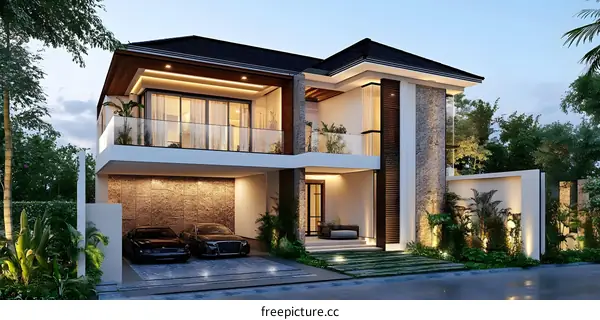 Modern House Design with Two Cars in Garage