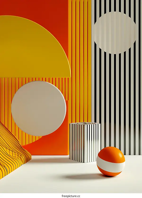 Abstract Minimalist 3D Render with Geometric Shapes and Striped Patterns