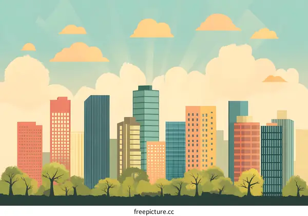 Vintage Cityscape Illustration with Buildings and Sun Rays